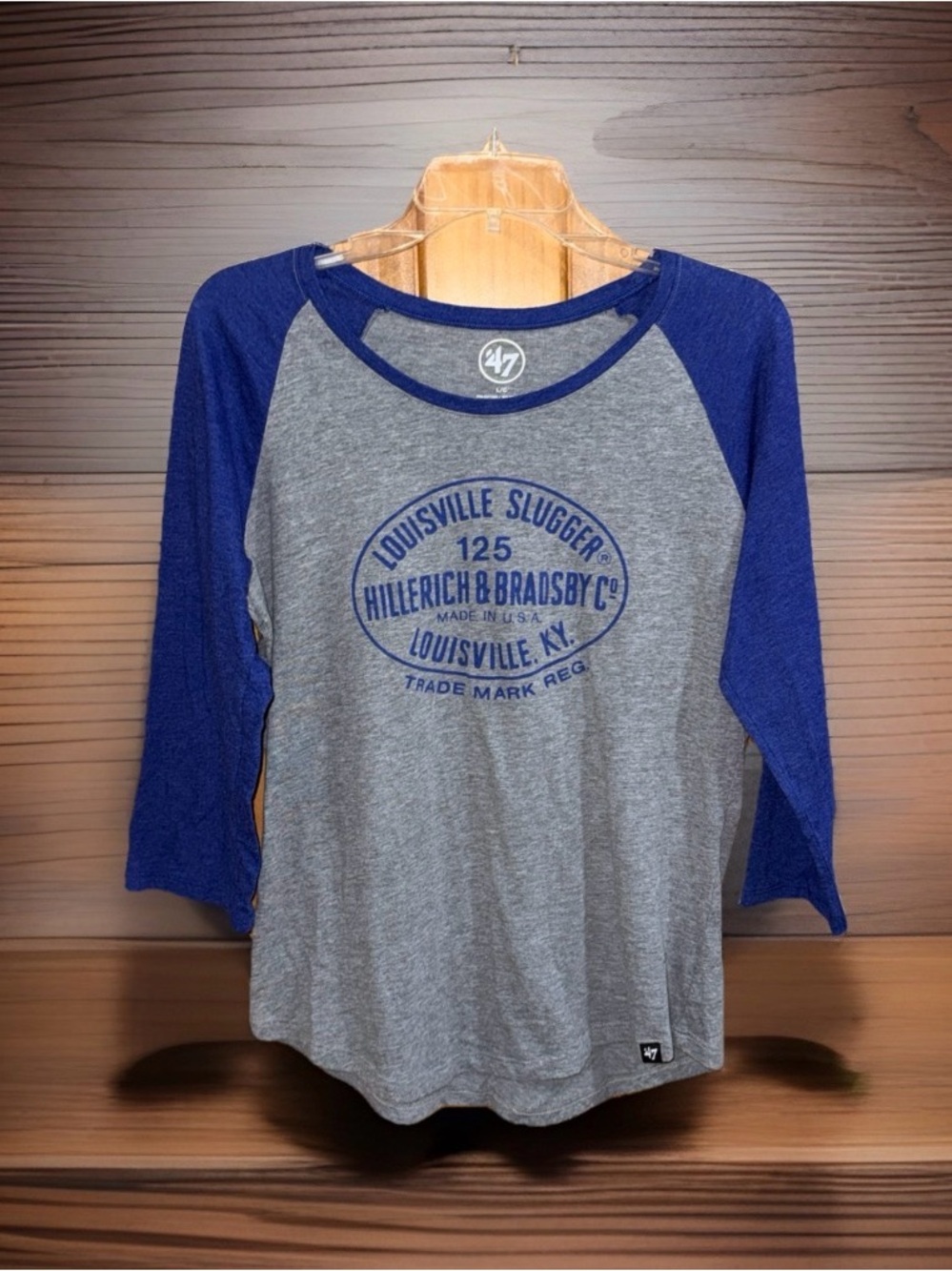 '47 Brand Women’s Louisville Slugger Grey & Blue Raglan 3/4 Sleeve Tee-L-EC
